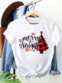 Pledas Medžių Gražių 90s Mielas Linksmų Kalėdų Mados Naujųjų Metų Moteris Grafinis T-marškinėliai Spausdinimas Drabužiai, Spausdinimo Trumpas Rankovėmis Tee Viršų