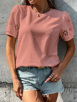 Finjani moteriški marškinėliai Kieto Guipure Nėrinių Skydelis Viršuje Sluoksniuotos Rankovėmis Apvalios Kaklo Atsitiktinis Tee Vasarą 2023 Naujas