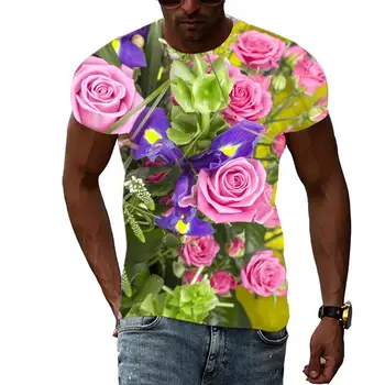 Vasaros Mados Tendencija-Gėlės Rožės Grafinis Vyrų Marškinėliai Atsitiktinis 3D Spausdinimo Tee Hip-Hop Harajuku Asmenybės trumpomis Rankovėmis Apvalios Kaklo
