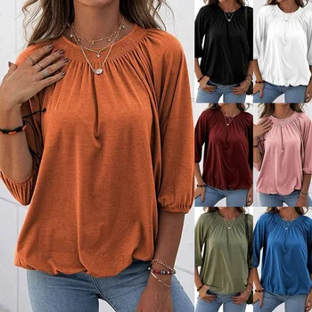 Iki 2023 m. pavasario Europos ir Jungtinių amerikos valstijų moterų vasaros stiliaus stiliaus megztinis apvalios kaklo prarasti septynių taškų rankovėmis T-shirt moteris