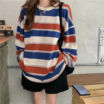 Rudenį Hoodies Dryžuotas Negabaritinių Marškinėlius Moterims Harajuku Puloveriai Korėjos Mados Porų Atitikimo Ilgomis Rankovėmis Viršūnes Streetwear