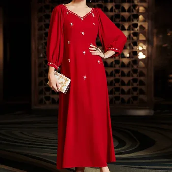 Naujas Dubajus Sijonas Maxi Raudona Suknelė Šalies Moterų Elegantiška Prabanga ilgomis Rankovėmis Suknelės Turkija Plius Dydis Moterų Drabužiai, jungtiniai arabų emyratai, Saudo Abayas