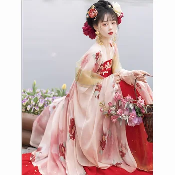 Raudona Hanfu Tango vientisas krūtinės chebule sijonas moterų Han elementai nacionalinės stiliaus didelis rankovėmis marškinėliai vasaros Stuburo tradicinių suknelė