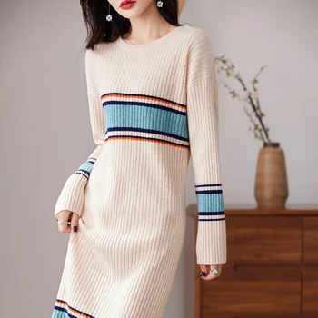 Nauja rudens ir žiemos 100% merino kašmyro megztinis moterų apvalios kaklo kontrastas dryžuotas ilgas sijonas vilnos suknelę megzti megztinis