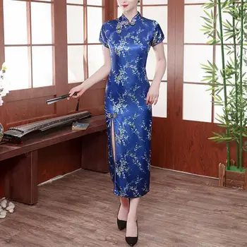 Retro Printed Dress Stovėti Apykaklės Trumpas Rankovės Elegantiškas Dirbtiniais Satin Ilgos Cheongsam Kinų Stiliaus Qipao Gėlių