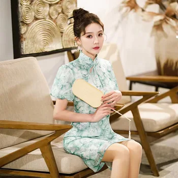 Tradicinis Moterų Sluoksniuotos Rankovėmis-Line Cheongsam Vasaros Mandarinų Apykaklės Atspausdintas Šifono Qipao Kinijos vakarinę Suknelę