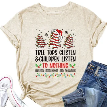 Kalėdų Atsitiktinis Trumpas Rankovės Tree Top Blizgučiai Vaikams Klausytis Prarasti Apvalios Kaklo Plius Dydis Moterų, T-Shirt