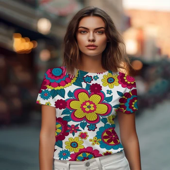 Gėlių 3D Spausdinimo moteriški marškinėliai Vasaros Nauji moteriški marškinėliai Retro Stiliaus Laisvalaikio moteriški marškinėliai Mados Tendencija moteriški marškinėliai