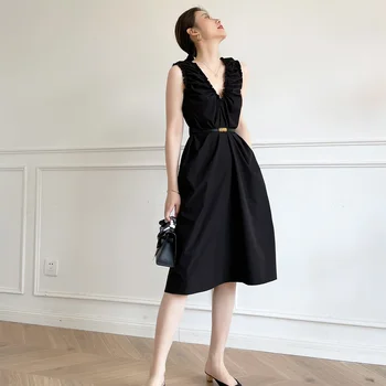 Yinsi juoda suknelė vasarą V-kaklo, rankovių prarasti dizainas prancūzijos temperamentas Hepburn maža juoda suknelė