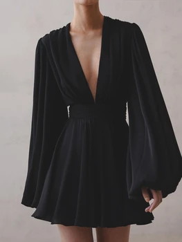 Europa ir Jungtinės amerikos valstijos 2023 pavasario moterų prancūzijos burbulas rankovėmis aukštos juosmens suknelė su V-kaklo sexy juosmens uždarytas juodas sijonas