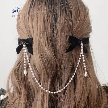 Juoda Kutas Elegantiška Vintage Lankas Pearl Grandinės Plaukų Segtukai Saldus Plaukų Papuošti Lankelis Įrašus Mados Surišti Į Arklio Plaukų Aksesuarai