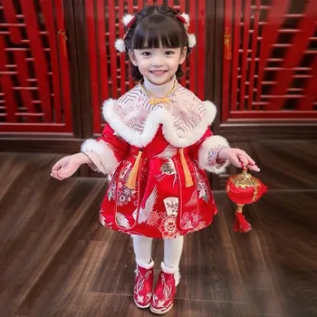 Fleecing Mergaičių Kinų Stiliaus Naujųjų Metų Chesongam Mielas Krano Siuvinėjimo Vaikai Šalis Suknelės Vaikų Sutirštės Gimtadienio Dovanos