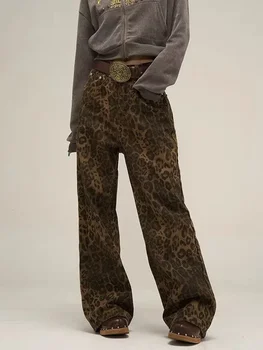 HOUZHOU Tan Leopard Džinsai Moterims Džinsinio audinio Kelnės Moteriška Negabaritinių Pločio Kojų Kelnės Streetwear Hip-Hop Vintage Drabužiai Laisvi Atsitiktinis