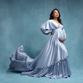 Imperiją, Šilko, Satino Motinystės Photoshoot Suknelė Sluoksniuotos Rankovėmis Purus Prom Dresses Moterų V-Kaklo Baby Shower Suknelė Vestidos