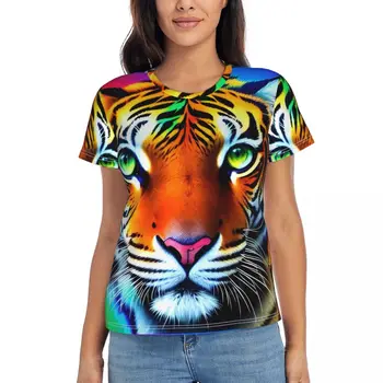 Kaspijos Tigras T-Shirts Spalvinga Vaivorykštė, O Kaklo Marškinėliai trumpomis Rankovėmis, Y2K Kietas Negabaritinių Tees Seksualus Užsakymą Drabužių Streetwear