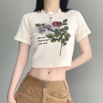Moterų vintage rose spausdinti trumpomis rankovėmis T-shirt 2023 Europos ir Amerikos nauji apvalios kaklo priemiestinių atsitiktinis viršų
