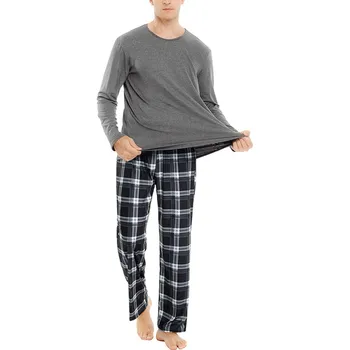 Dviejų Dalių Komplektas Mens Pižama Sleepwear Mados Vientisos Spalvos Marškinėliai Pledas Kelnes Pajama Nustatyti Laisvalaikio Minkštas Homewear Ruduo/Žiema