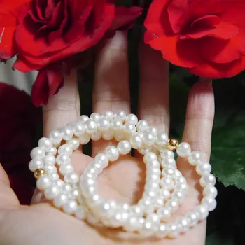 14K aukso suvynioti 5MM natūralių gėlavandenių perlų apyrankė su elastinga virve, paprasta ir madinga apyrankė