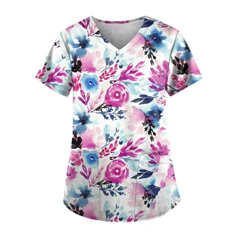 Vasaros Gėlių 3d Print T-shirt Moterims Gėlių Slaugytoja Vienodai V-kaklo, Kišenėje Naujas Viršūnes Darbo Tees Moteris, Mergina Drabužių