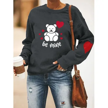 Mados Moterų Įgulos Kaklo, ilgomis Rankovėmis Megztinis Bear Meilė Spausdinti Pilka T-Shirt Viršuje Gatvės Tendencija Universalus