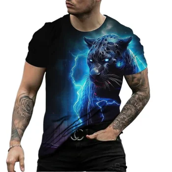 Vyrų Vasara Nauja, T-shirt 3D Spausdinimo Gyvūnų Pantera trumparankoviai Viršuje 2024 M. Vyrų Mados Gatvės Hip-hop ' Negabaritinių marškinėlius Drabužiai