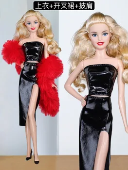Drabužių rinkinys / red pliušinis šalikas + juoda oda, viršus + plyšio sijonas / 30cm lėlės drabužiai tiktų aprangą 1/6 Xinyi FR ST Barbie Lėlės