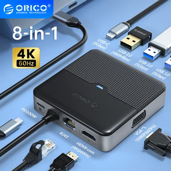ORICO C Tipo Docking Station USB 3.0 HUB 4K60Hz HDMI suderinamus RJ45 PD Adapteris, skirtas Macbook, iPad Oro M1 PC Priedai Splitter