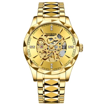 BINBOND5059 Prabanga Aukso Mechaninis laikrodis Vyrams iš Nerūdijančio Plieno, atsparus Vandeniui Šviesos Skeletas Automatinis Laikrodžiai Vyrams Reloj Hombre