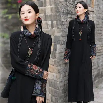 2024 m. kinijos derliaus hanfu suknelė nacionalinės gėlių siuvinėjimas megzti suknelę tradicinių senovinių rytietiškų vilnos pamušalu liaudies suknelė