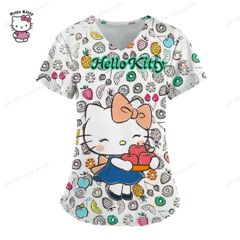 Klinikinių Vienodas Slaugytoja Vienodą Moterų Atsitiktinis Hello Kitty Spausdinti trumpomis Rankovėmis V-kaklo marškinėliai Prarasti Palaidinė Viršūnes Uniforme Enfermera