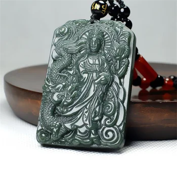 Natūrali Tamsiai Žalia HeTian Jade Raižyti Kinijos GuanYin Jade Dragon Pakabukas Madinga Amuletas Karoliai Žmogui Derliaus Žavesio Papuošalai