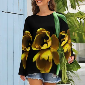 Moteriški Marškinėliai Tee Y2k Savaitgalį Gėlių 3D Atspausdintas Marškinėliai Tee ilgomis Rankovėmis Spausdinimo Raundo Kaklo Moterų Palaidinė