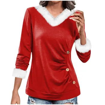 2023 Kalėdų Ponios Šalies Viršuje Puloveris Žiemos Mados V-Kaklo Kailio Top Rudens Atsitiktinis Tiesiai Liesas Long Sleeve T-Shirt